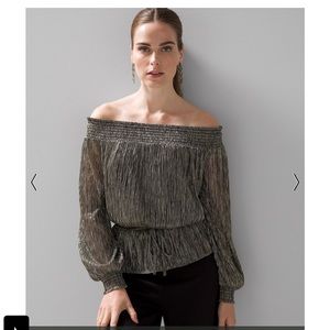 NWT WHBM Long Sleeve Off The Shoulder Gold Holiday Top in Size XS